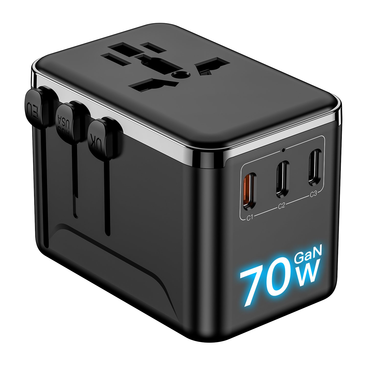HL-A02-PD70W Universal Travel Plug Adapter Global International Fast Charging Travel Charger with 1 USB+3 T Type C