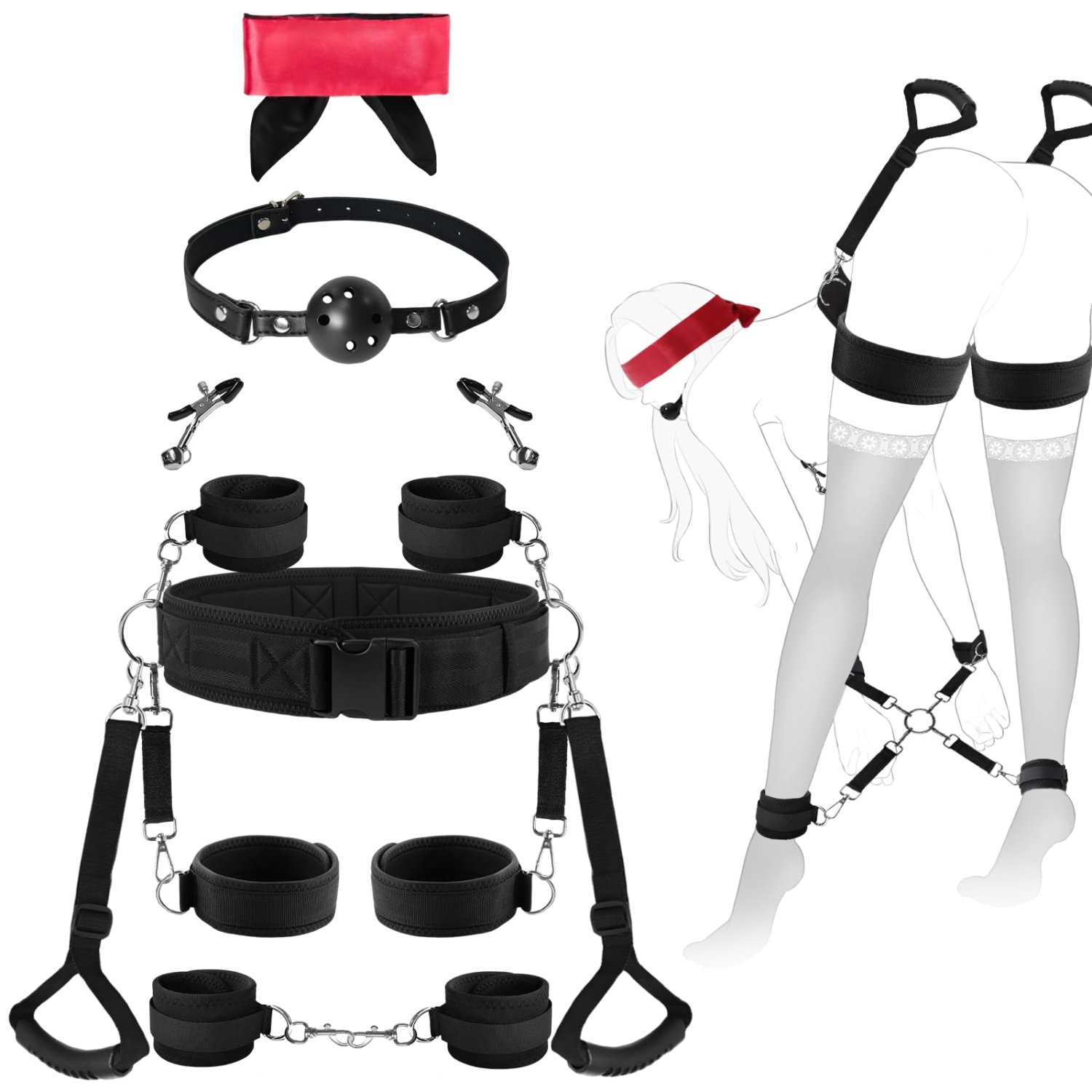 Adjustable handcuffs, leg cuffs, thigh cuffs, mouth cuffs, eye mask clips, 9-piece restraint kit, sexual restraint BDSM, female adult couple toy