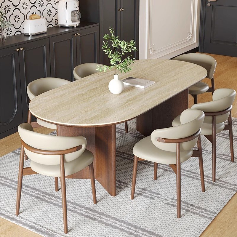 Mid century luxury modern oval marble solid wood dining table and chair set with 4 to 6 seats, fully furnished with limestone design in the kitchen