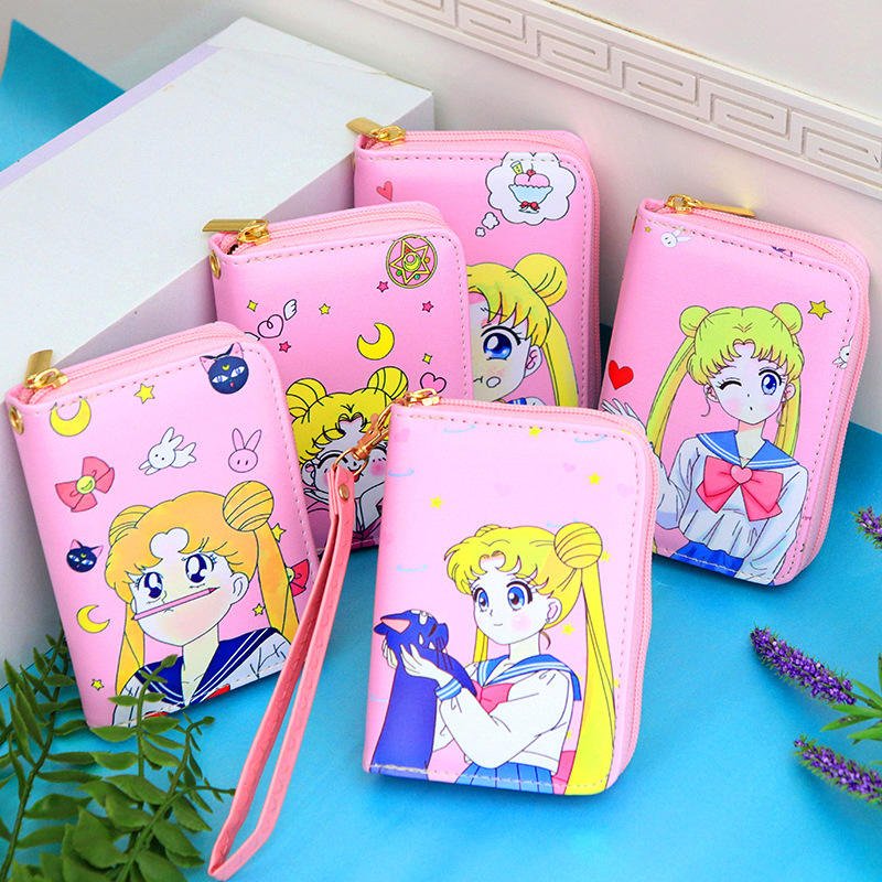 Cute Sakura Captive Girl Warrior Anime Printed Wallet Zipper Coin Pocket PU Material Girl's Zero Wallet