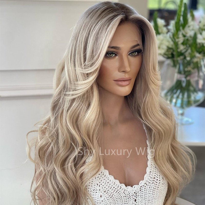 Transparent high-definition lace wig for baby hair with no glue, blonde wavy French lace, 150% density, 22 inches
