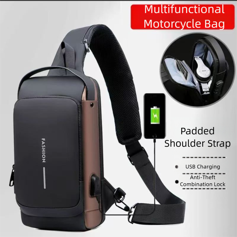 Men's fashionable waterproof chest bag with USB port and anti-theft lock zipper opening and closing, suitable for outdoor and daily travel straps