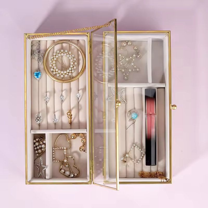 Simple and elegant large capacity rectangular glass transparent lipstick jewelry storage box, suitable for dressing table display