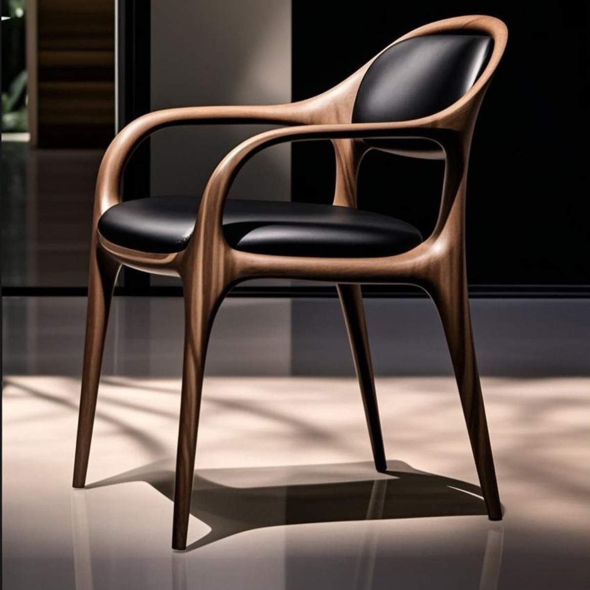 Nordic minimalist wooden armchair with solid walnut leather back for home use